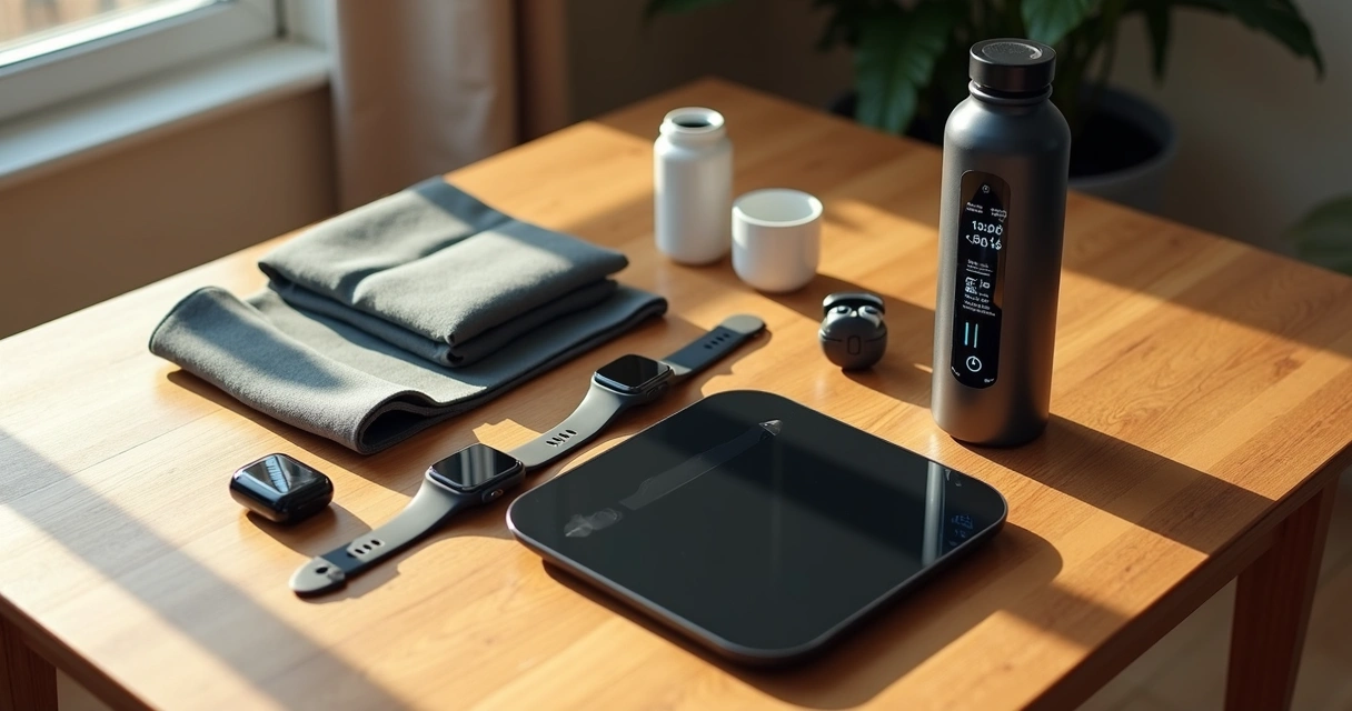 Vários gadgets fitness organizados em uma mesa 