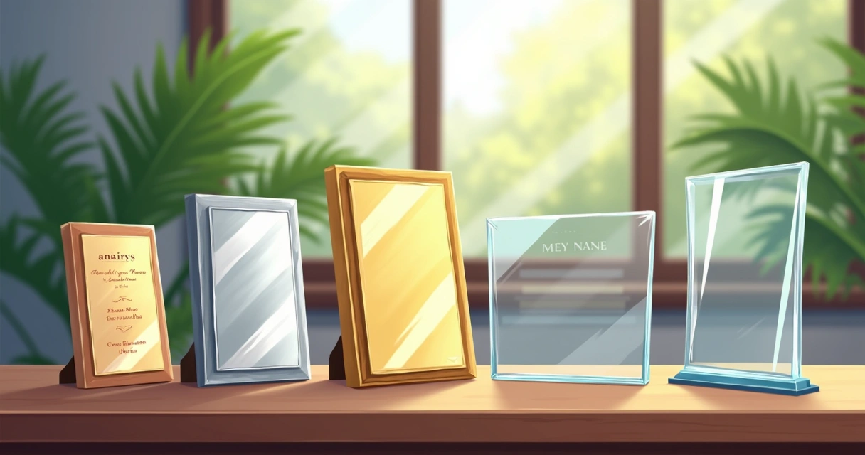 Placas de homenagem de aço, acrílico, latão e vidro sobre mesa de madeira. 