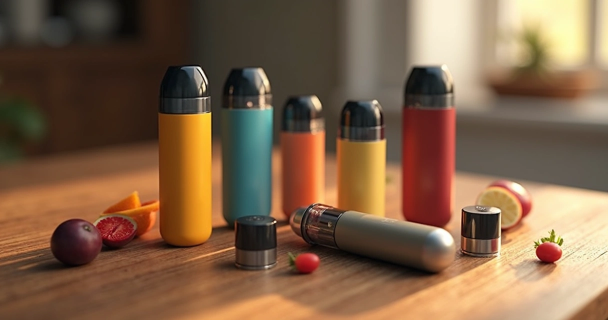 Vários pods descartáveis de cores e tamanhos diferentes em uma mesa de madeira. 