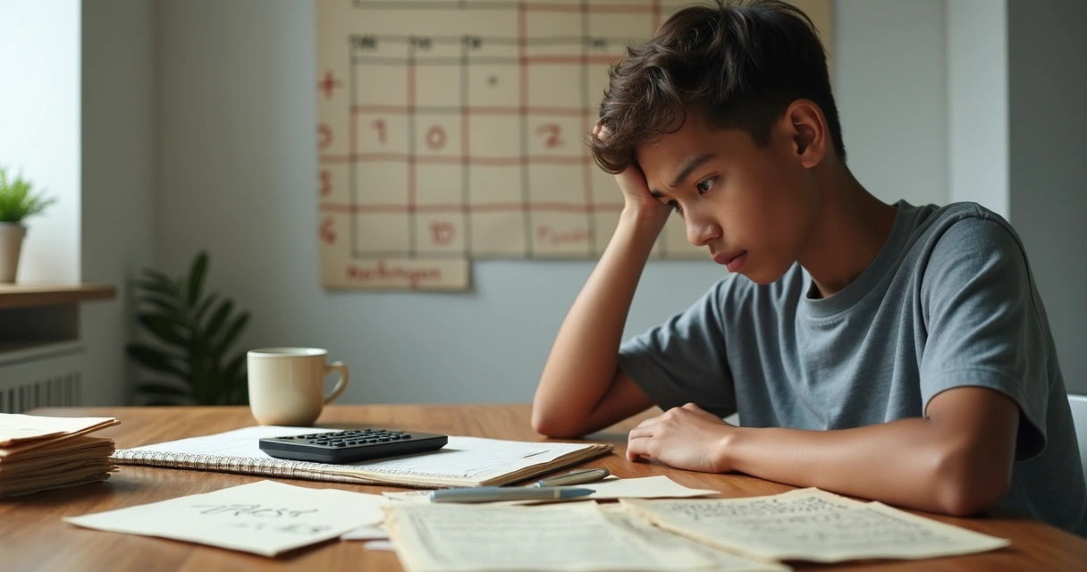 Pessoa analisando dívidas antigas em mesa com boletos e calendário 