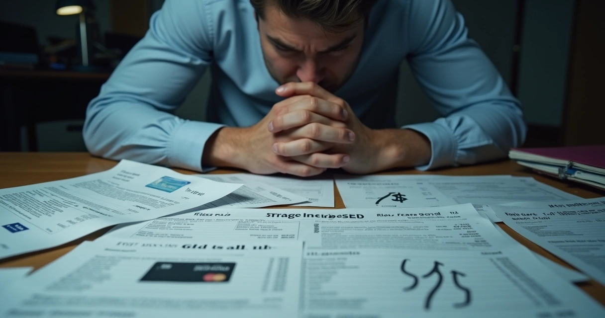 Pessoa com cabeça baixa, contas e boletos com símbolos de juros altos na mesa. 