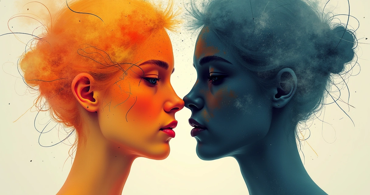 Abstract illustration of a human face split into light and dark 