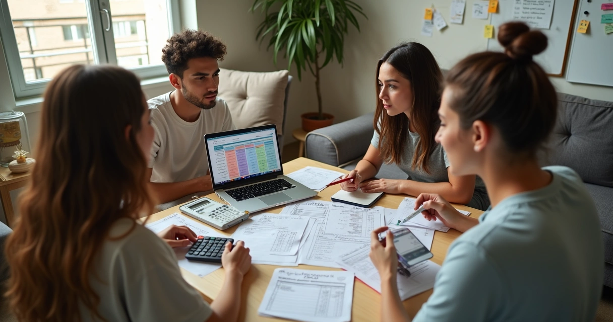 Estudantes organizando contas de aluguel em sala de república universitária 