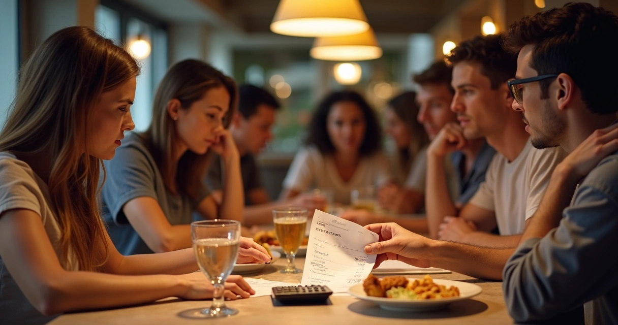 Amigos revisando una cuenta de restaurante sobre la mesa 