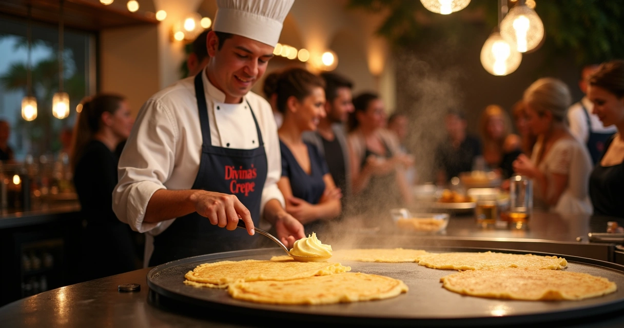 Chef preparando crepe ao vivo no evento 