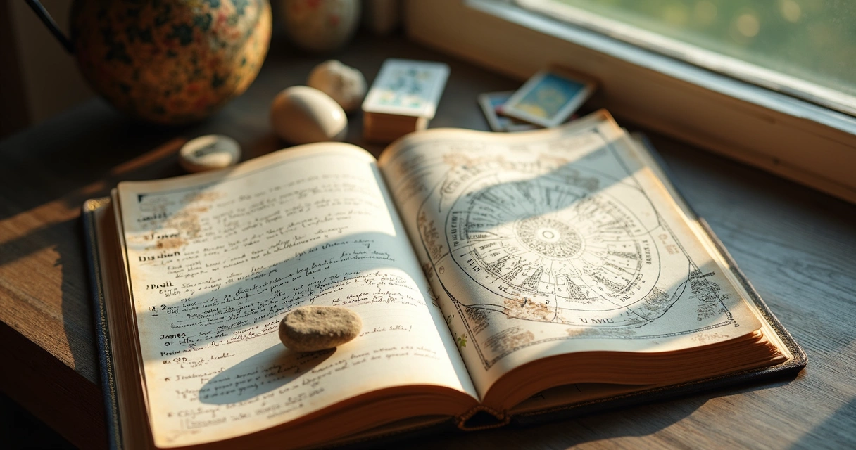 Divination journal with tarot cards, runes, and astrological notes 
