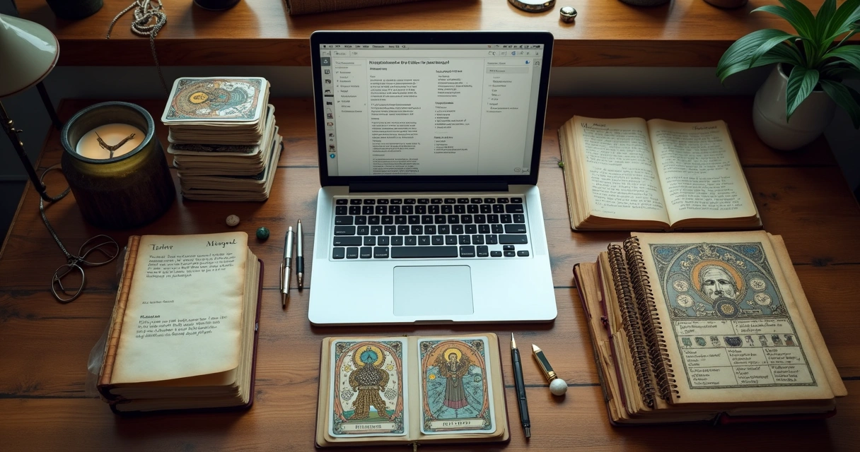 Divination notes and tools organized on desk 