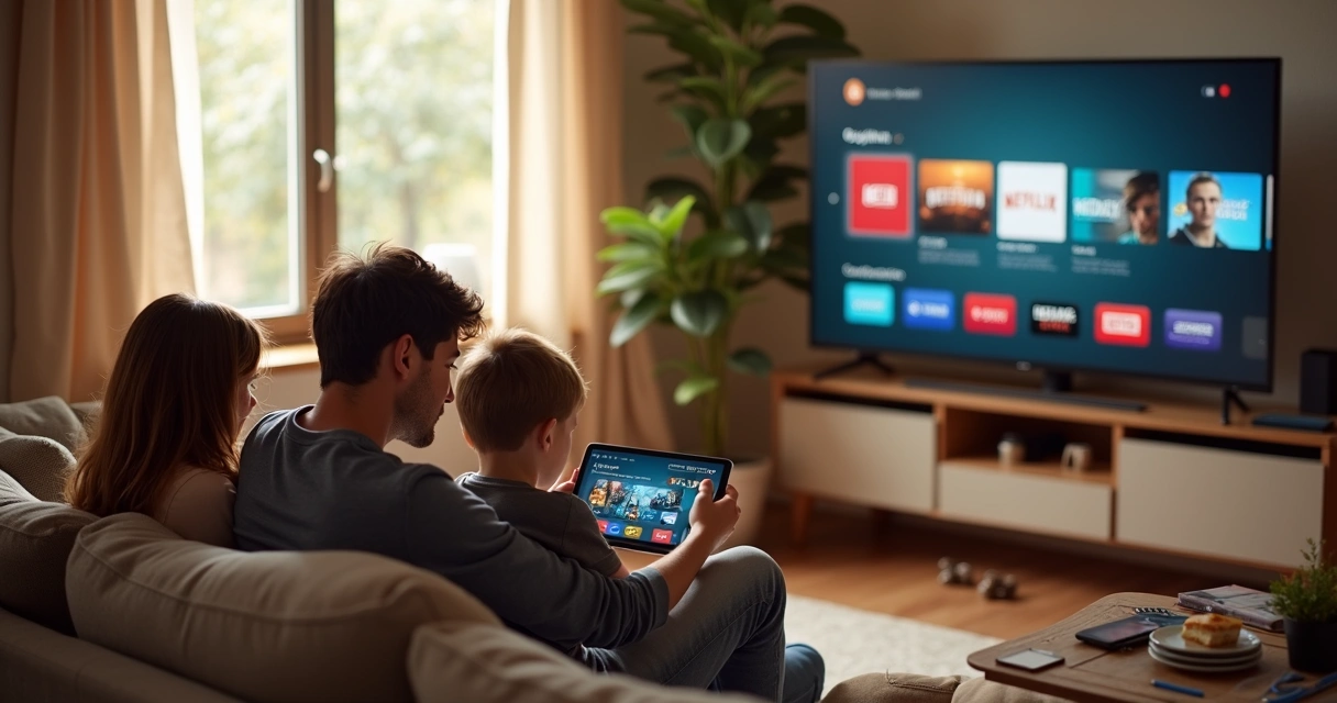 Família sentada no sofá compartilhando um tablet e conversando sobre planos digitais