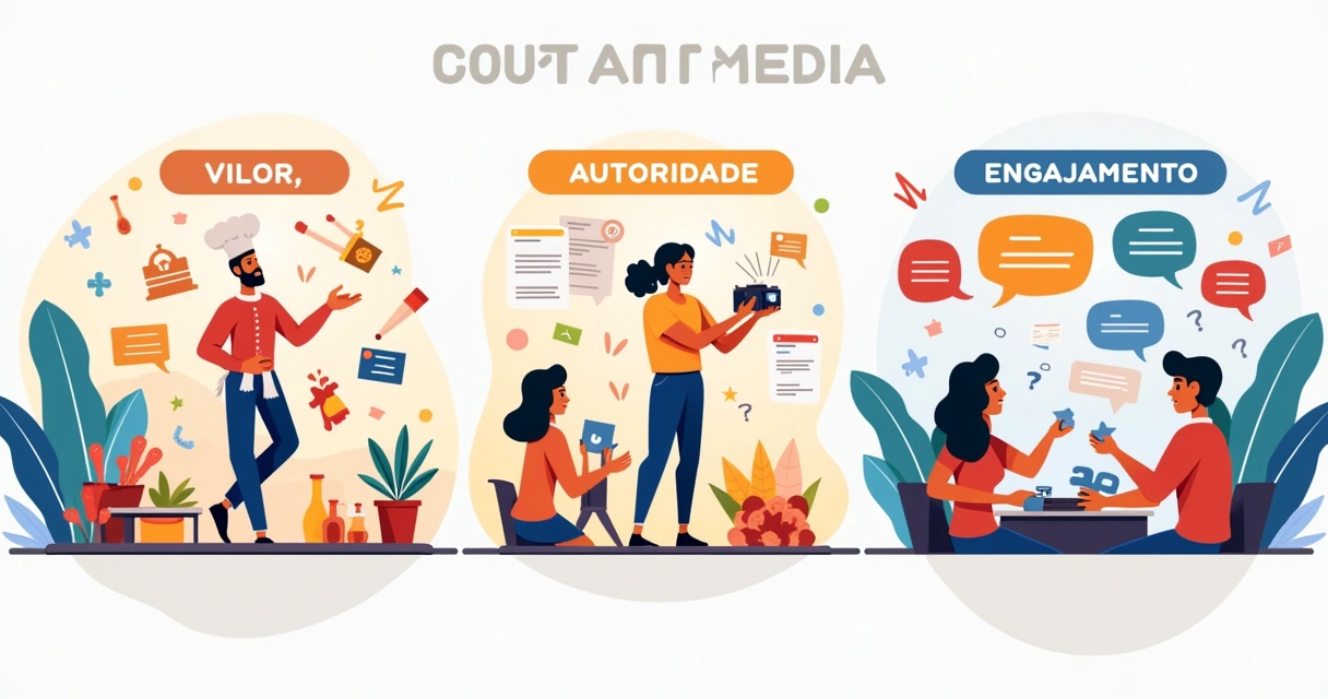 Conteúdo para Instagram: como planejar, criar e postar com estratégia 2 Ilustração sobre a divisão de conteúdo em redes sociais com seções de valor, autoridade e engajamento.