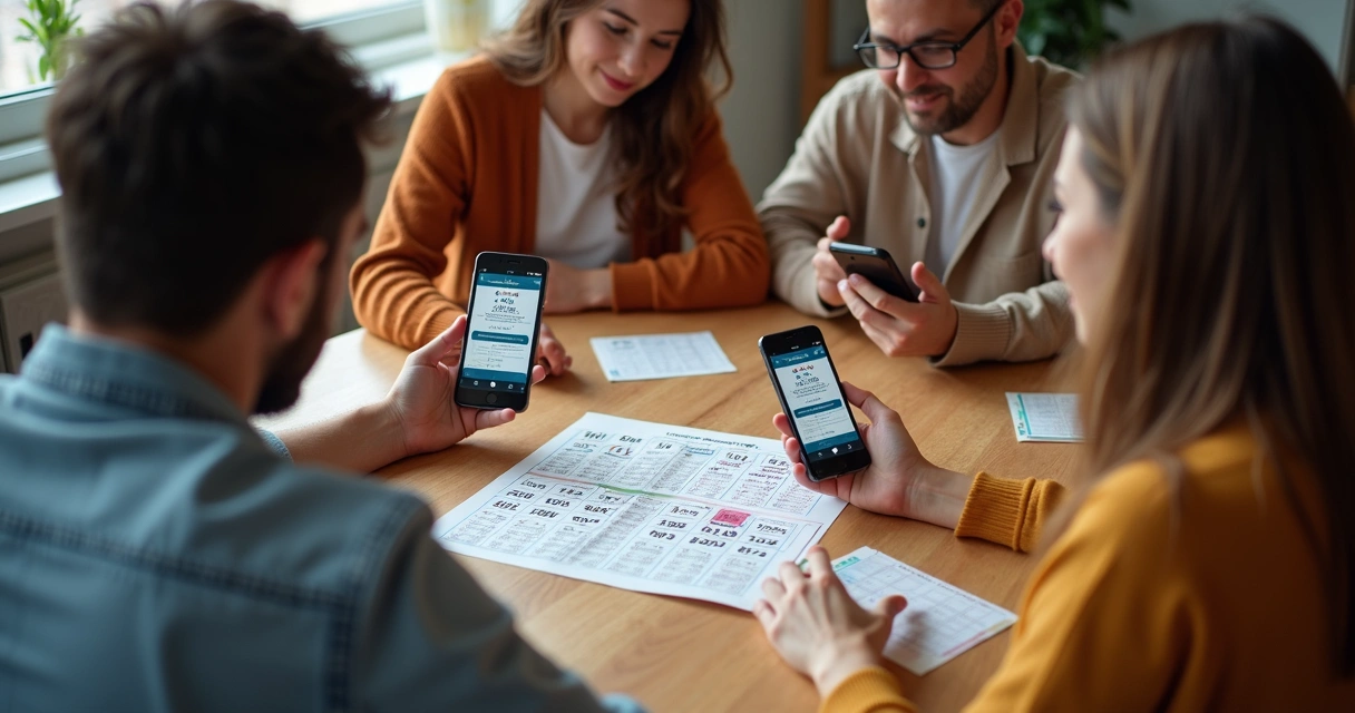 Pessoas dividindo cotas de um bolão e acompanhando sorteio da Quina pelo celular 