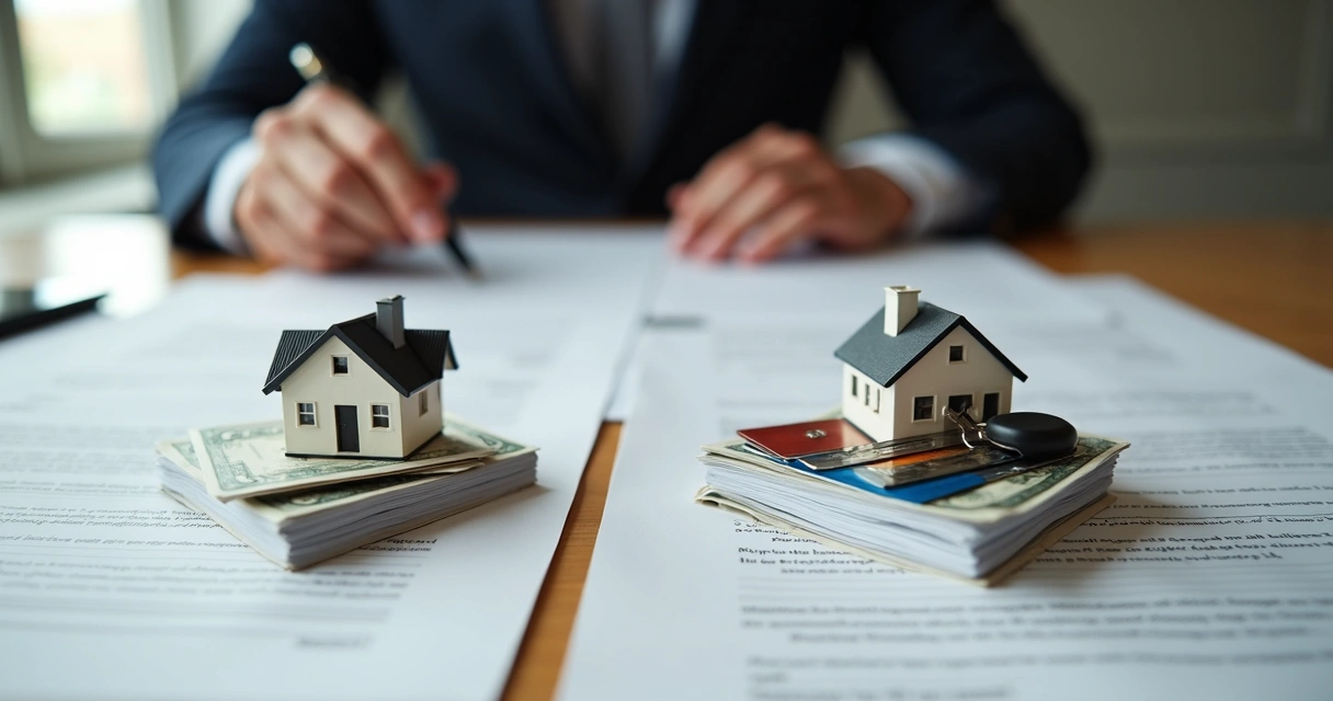 Mesa de escritório com papéis de contrato lado a lado