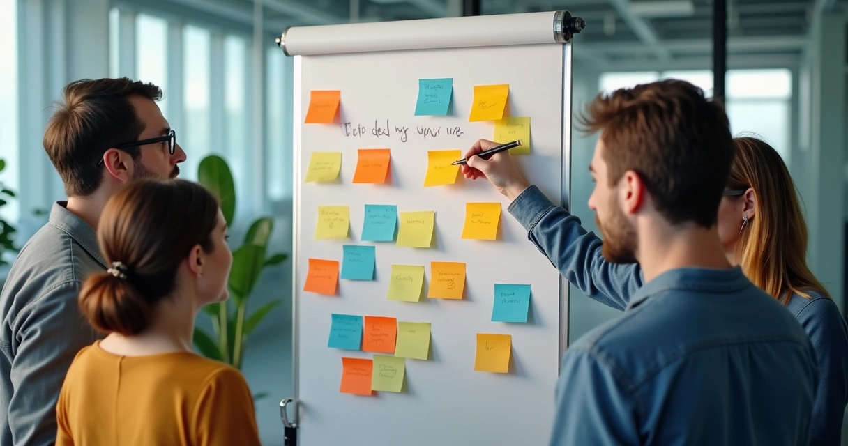 Membros de uma equipe organizando tarefas em um quadro branco 