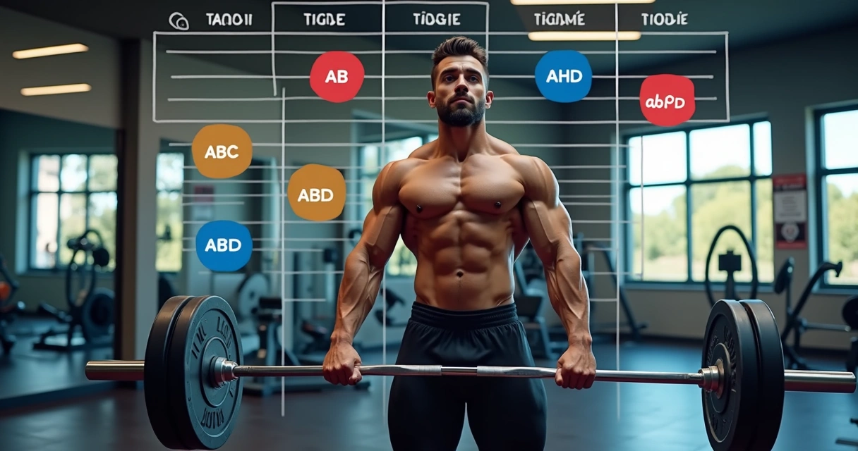 Pessoa treinando musculação com esquema semanal de divisão de treino ao fundo 