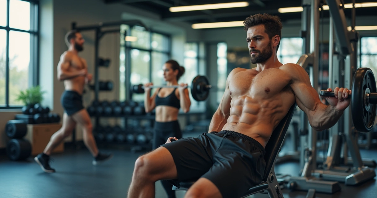 Homem e mulher treinando musculação em academia moderna, com equipamentos variados, mostrando divisão de treino push, pull e legs 