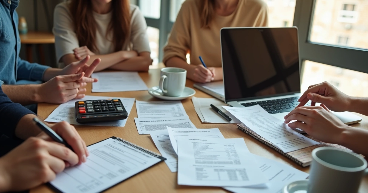 Pessoas reunidas à mesa calculando despesas compartilhadas 