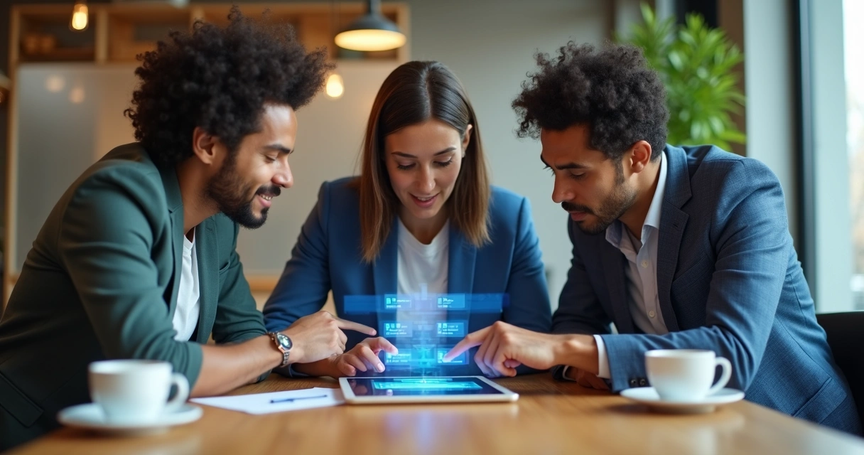 Pagamento digital sendo dividido entre várias pessoas em uma mesa. 
