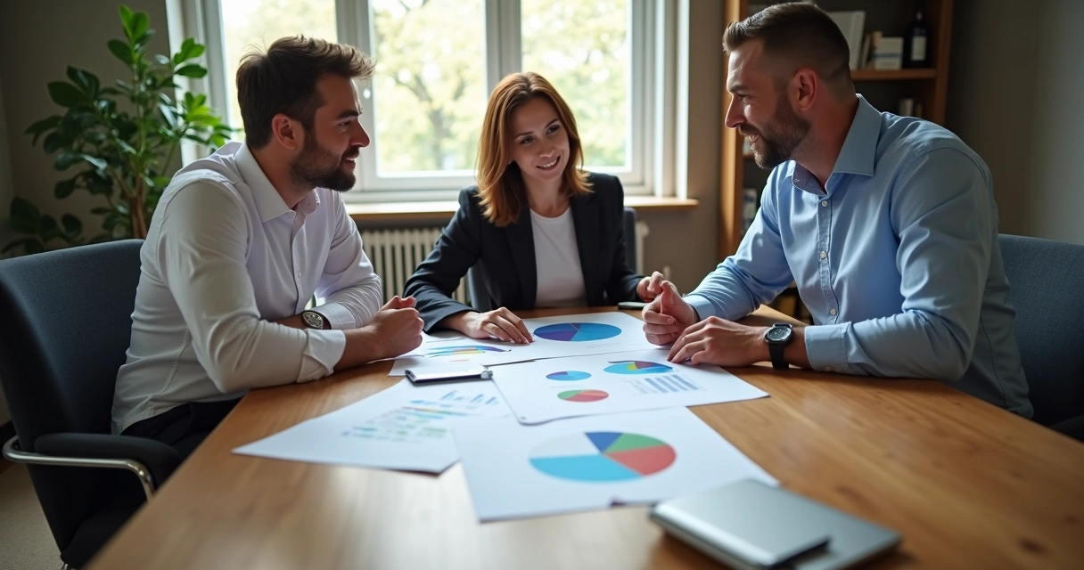 Socios de empresa analisando papeis e gráficos ao redor de uma mesa retangular 