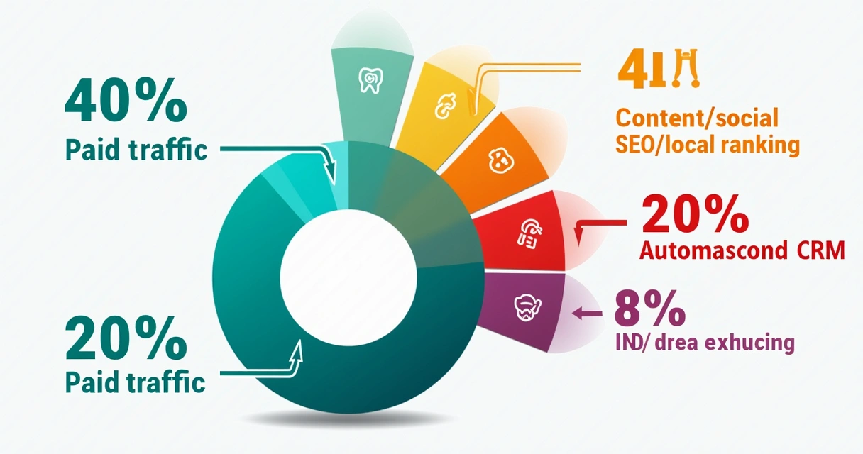 Infográfico colorido mostrando a divisão do orçamento de marketing para clínicas odontológicas