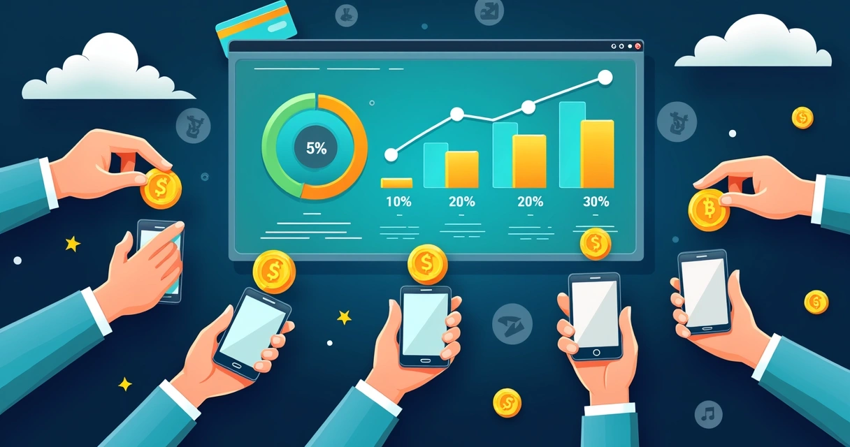 Gráfico colorido ilustrando a divisão automática de pagamentos entre diferentes contas em um marketplace 