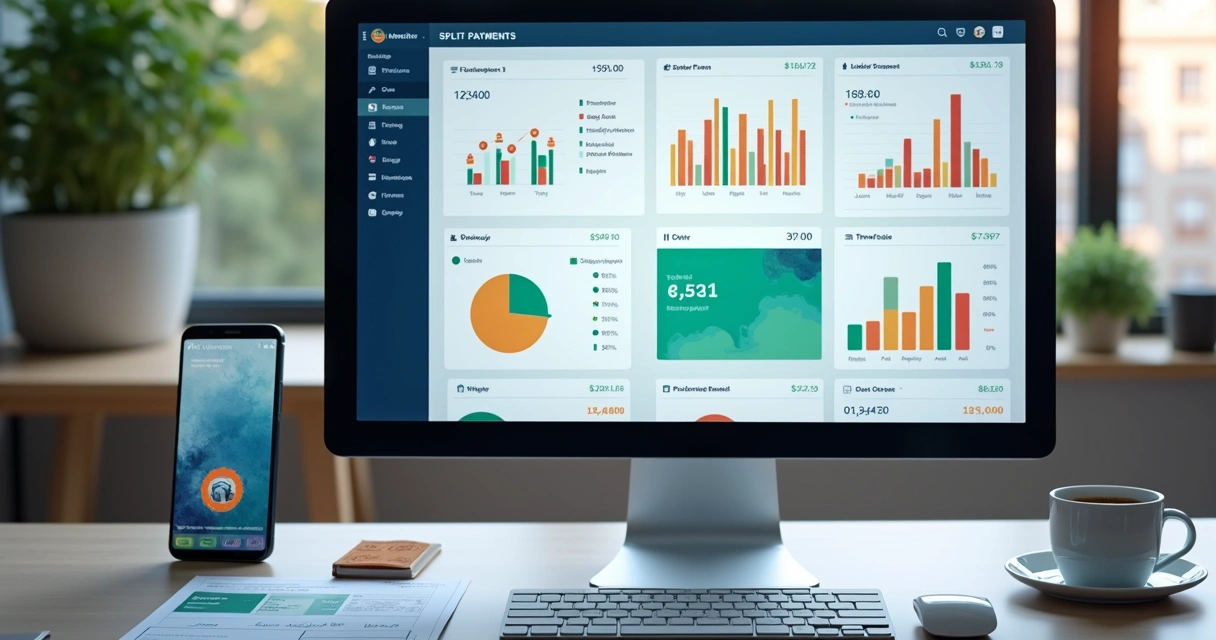 Tela de computador mostrando interface digital com gráficos e divisões de pagamentos em transações financeiras 