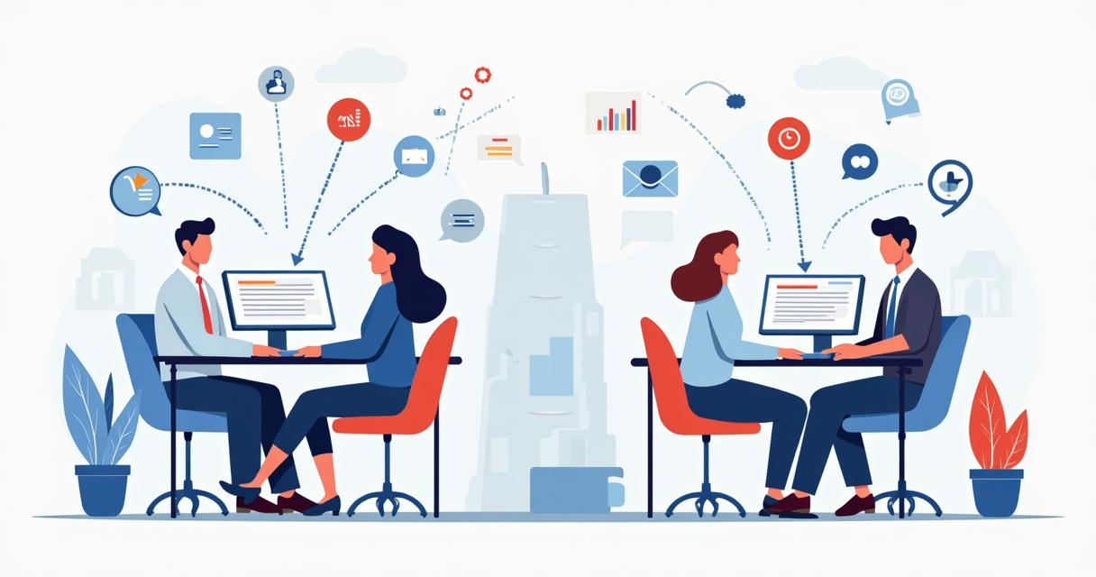 Equipe de vendas pequena com membros divididos em três áreas bem distintas, cada um com tarefas diferentes em seu computador. 