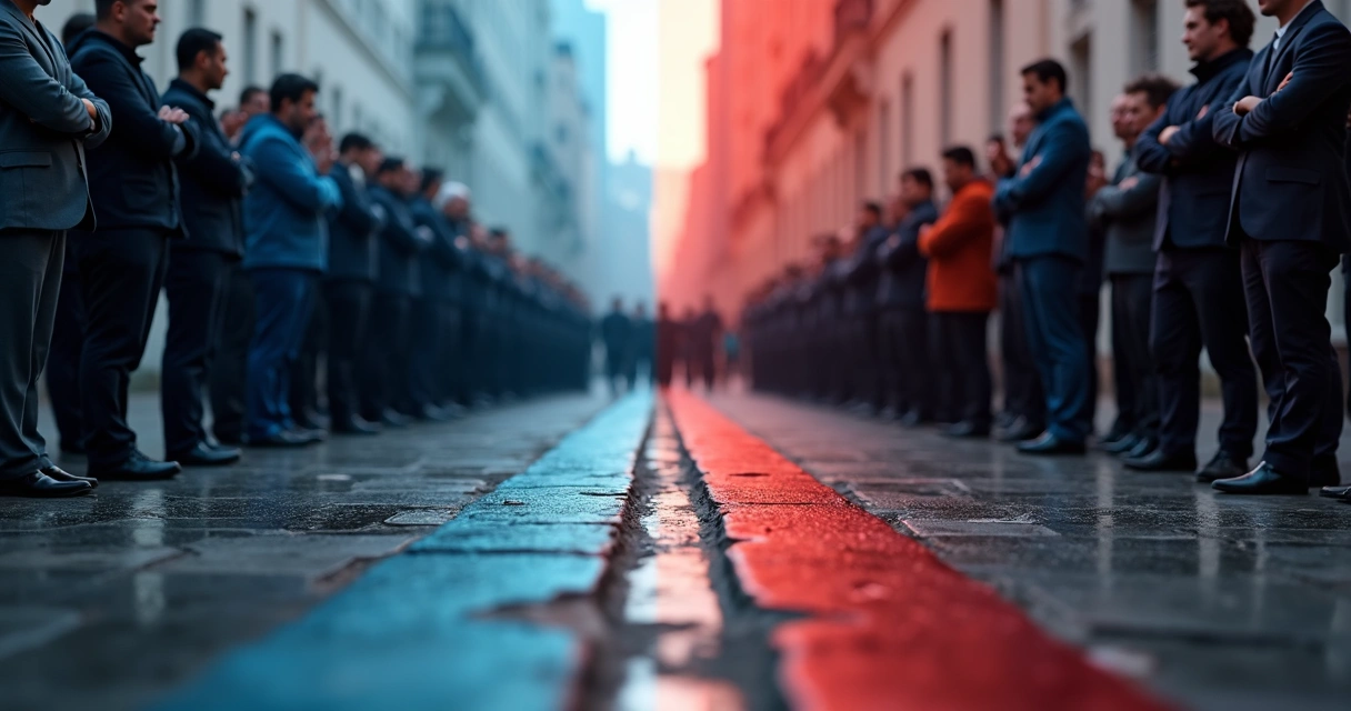 Divisão de pessoas separadas por linha em disputa política 