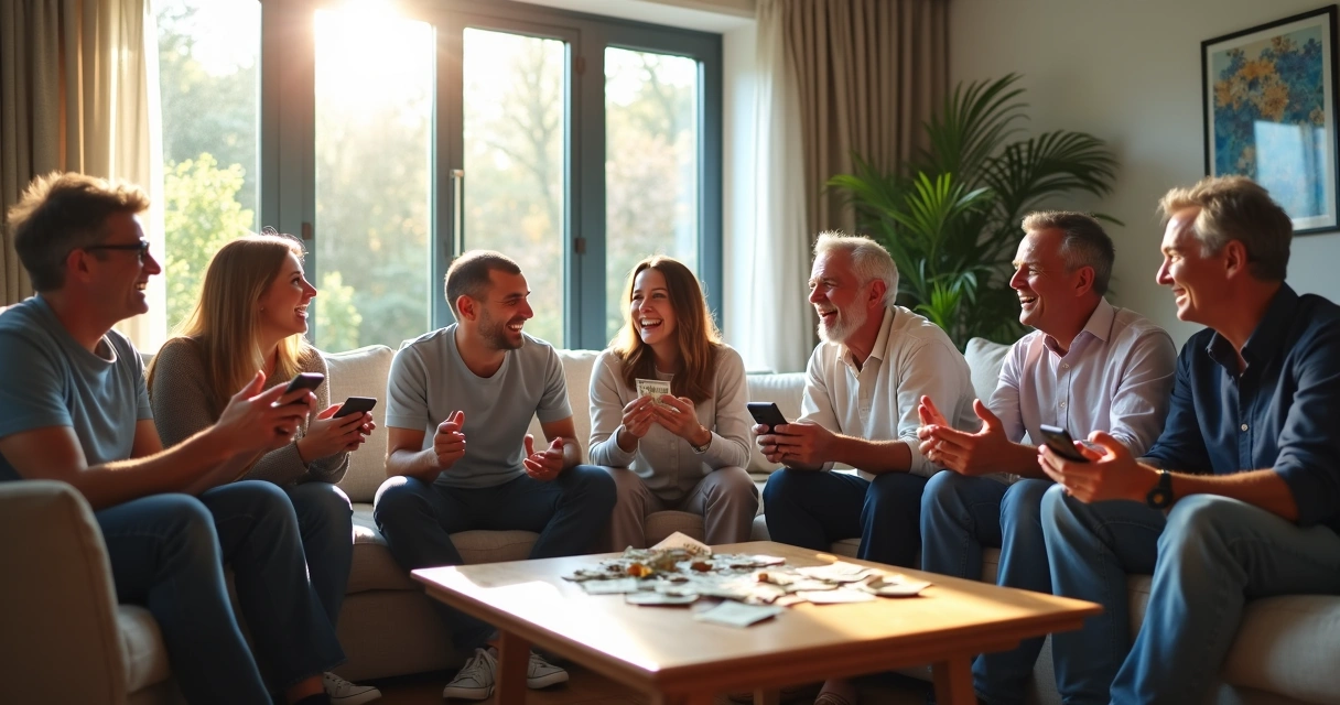Grupo de pessoas sentadas em roda comemorando ganhos em bolão 