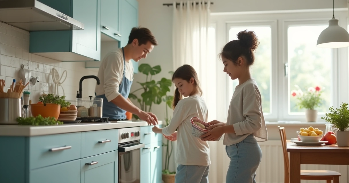 Família dividindo tarefas domésticas em casa 