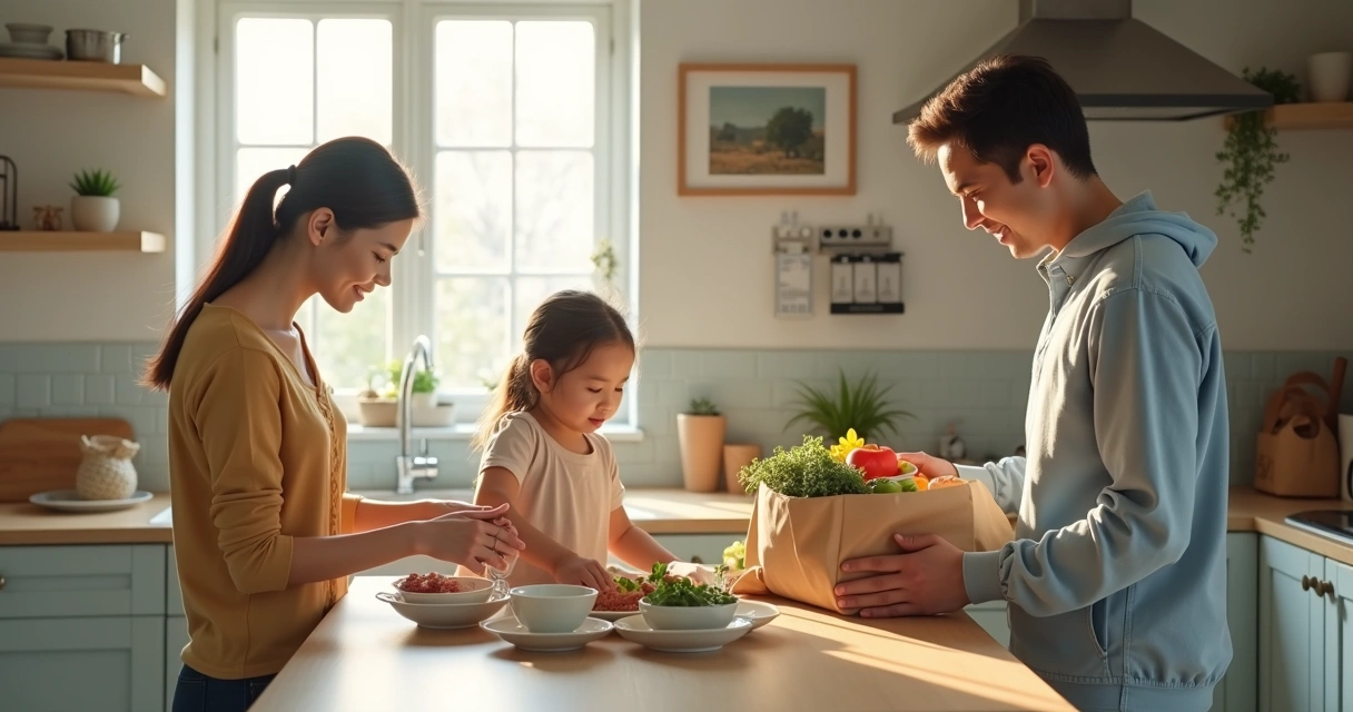 Família reunida dividindo tarefas domésticas 