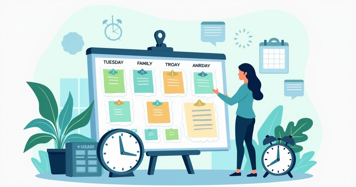 Pessoa organizando tarefas semanais coloridas em quadro de planejamento 