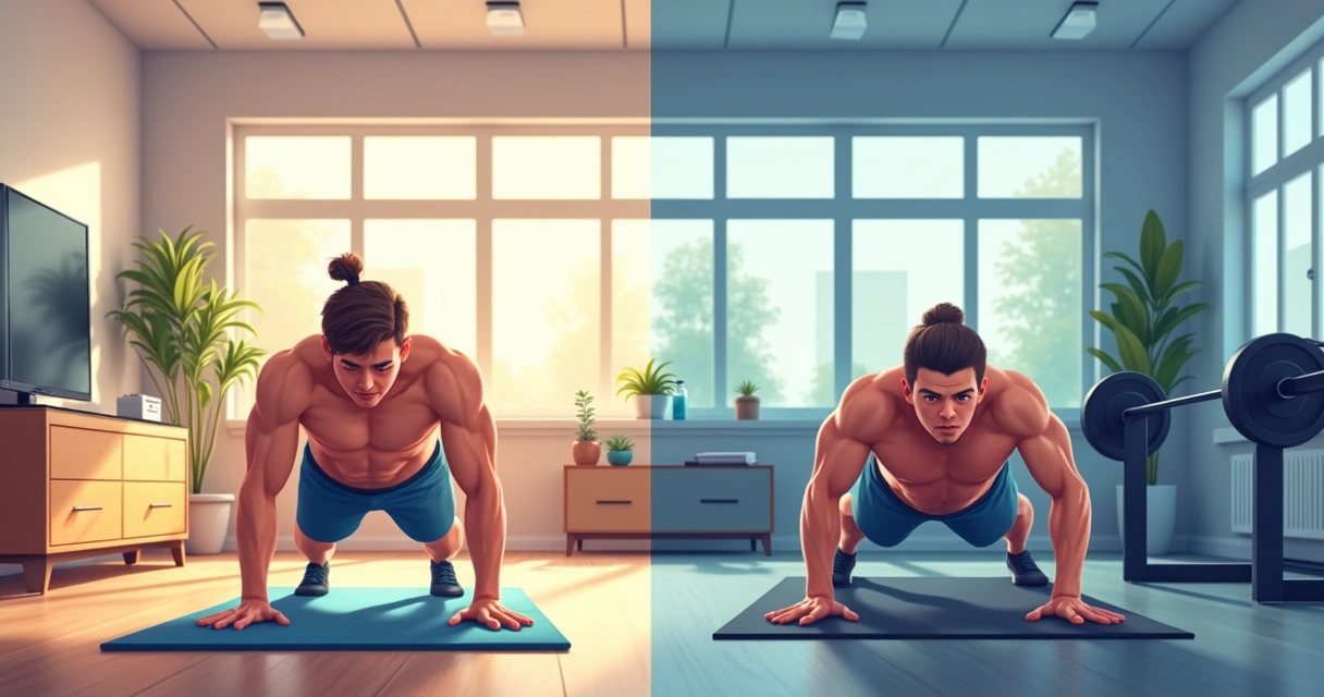 Exemplo de treino em casa e na academia, pessoa alternando halteres e peso corporal