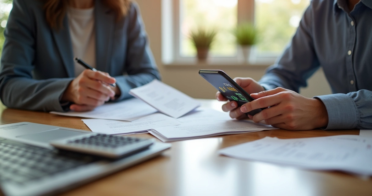 Casal separando documentos financeiros e mexendo no celular com aplicativo bancário aberto 