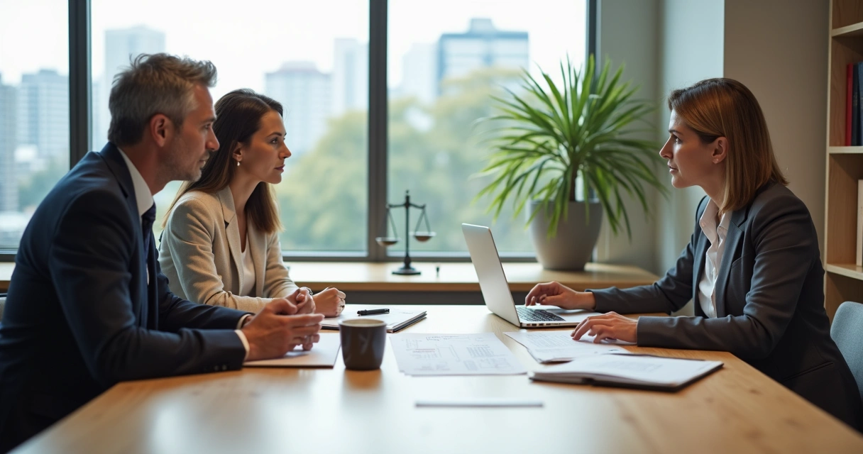 Casal conversando em mesa de mediação com advogada ao centro 