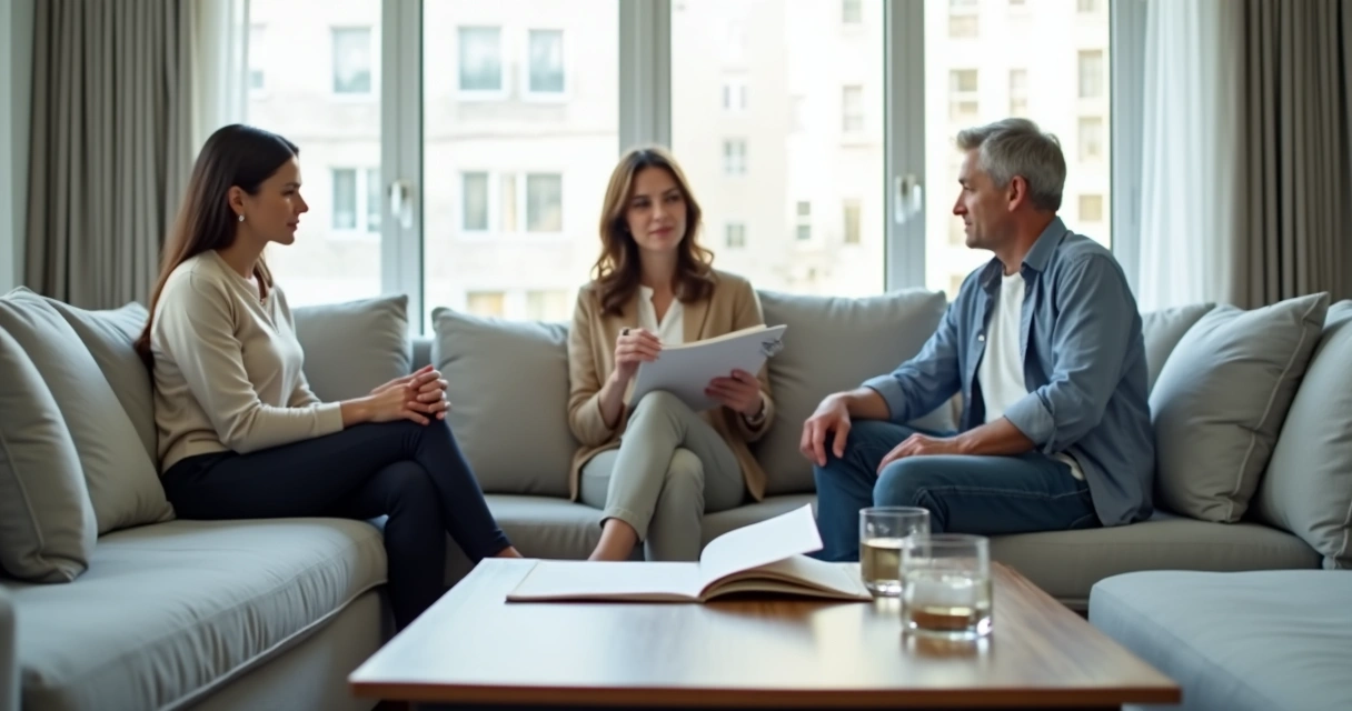 Casal sentado em lados opostos do sofá durante divórcio com expressão serena e mediador ao centro 