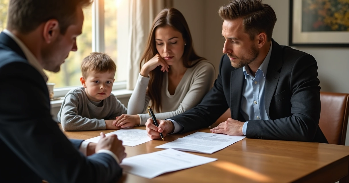 Casal assinando documentos de divórcio com advogada, criança ao fundo 