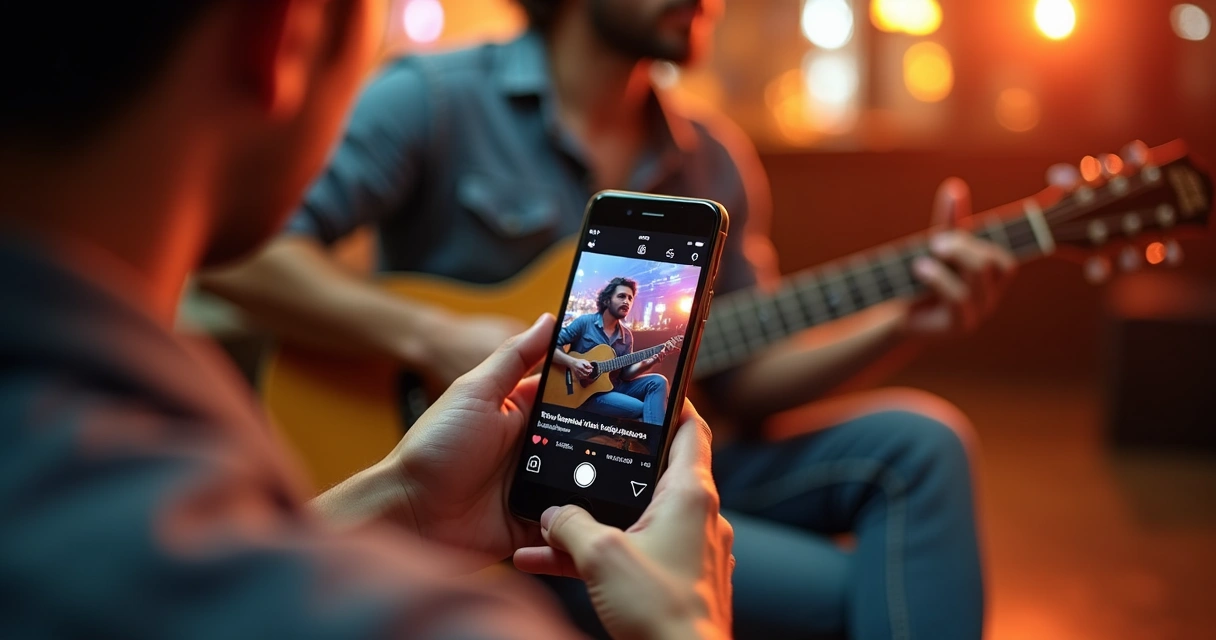 Artista de música fazendo divulgação nas redes sociais antes de show em bar