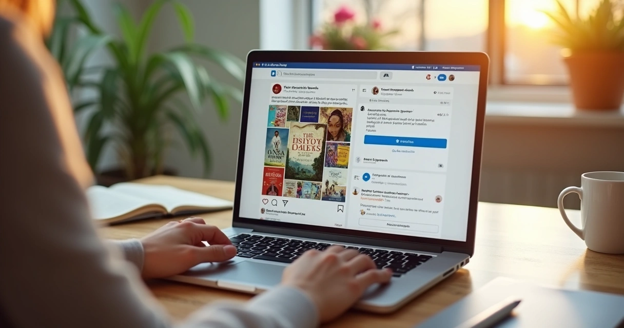 Pessoa digitando em notebook post sobre livro em redes sociais 