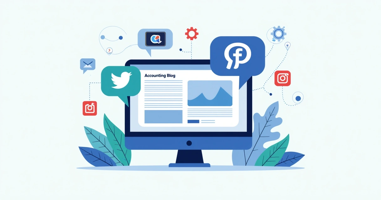 Ícones de redes sociais, gráficos e computador divulgando artigo 