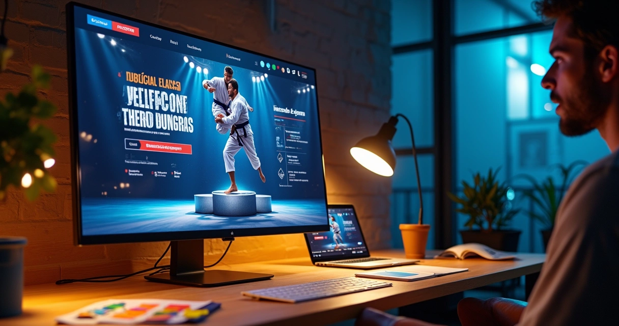 Banner digital de campeonato de Jiu-Jitsu sendo criado em tela grande com lutador em destaque 