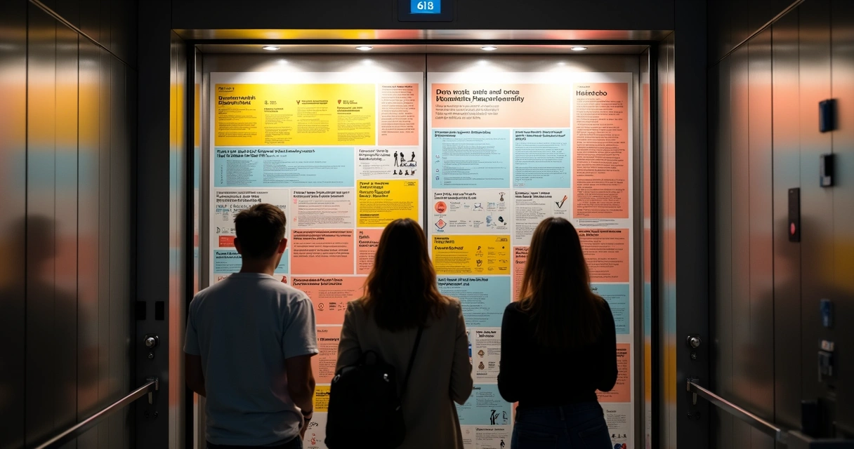 Cartazes em elevador divulgando canal de denúncias 