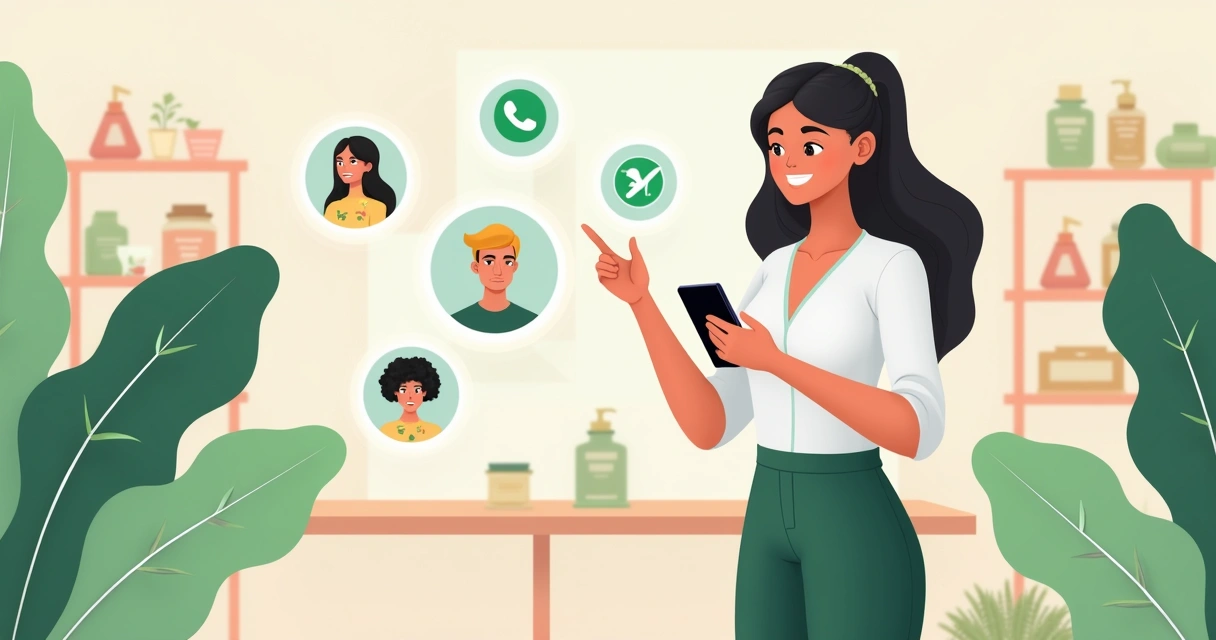 Consultora compartilhando catálogo digital Natura com clientes pelo WhatsApp. 