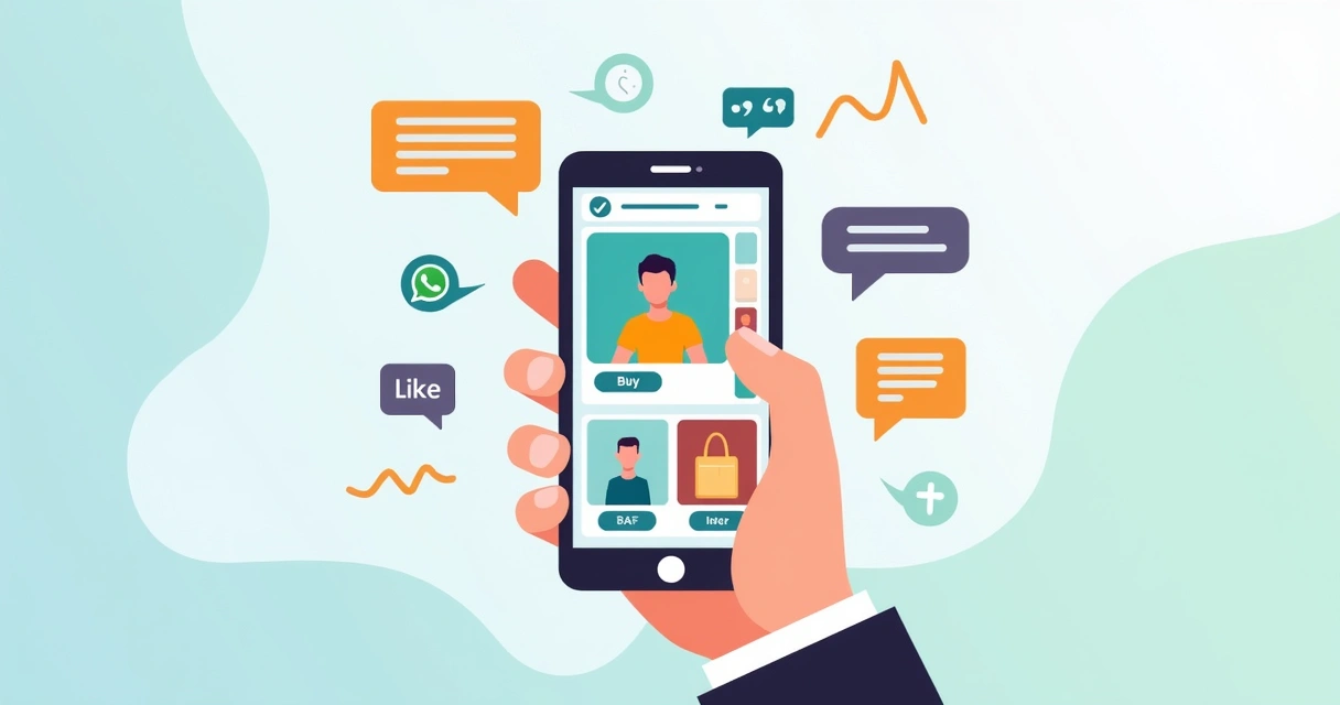 Divulgação de catálogo digital em redes sociais com smartphone exibindo produtos, likes e compartilhamentos. 