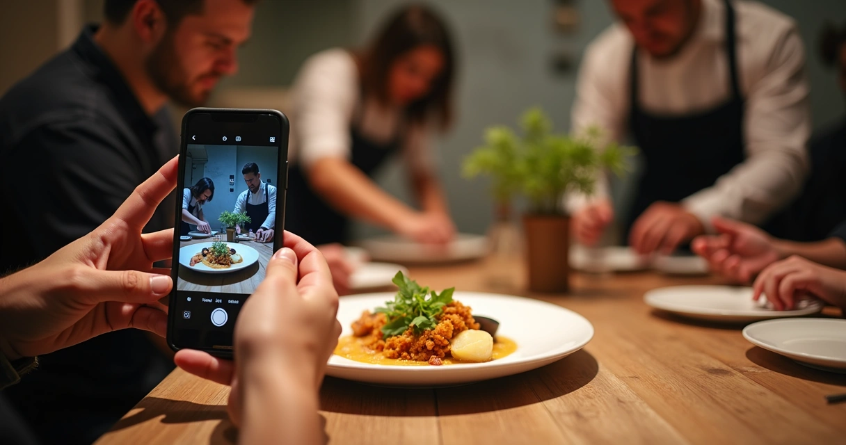 Equipe de restaurante tirando foto de prato especial para redes sociais, celular em destaque