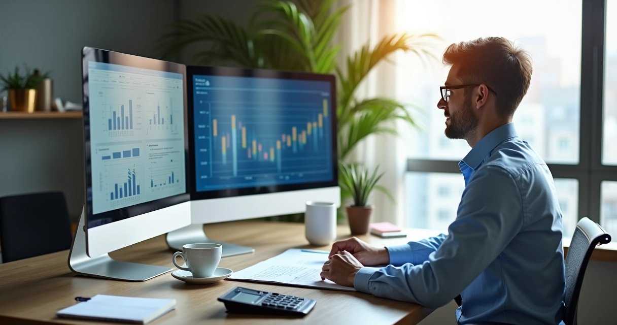 Profissional de contabilidade em escritório mexendo no computador, materiais contábeis na mesa, gráficos na tela ao fundo 