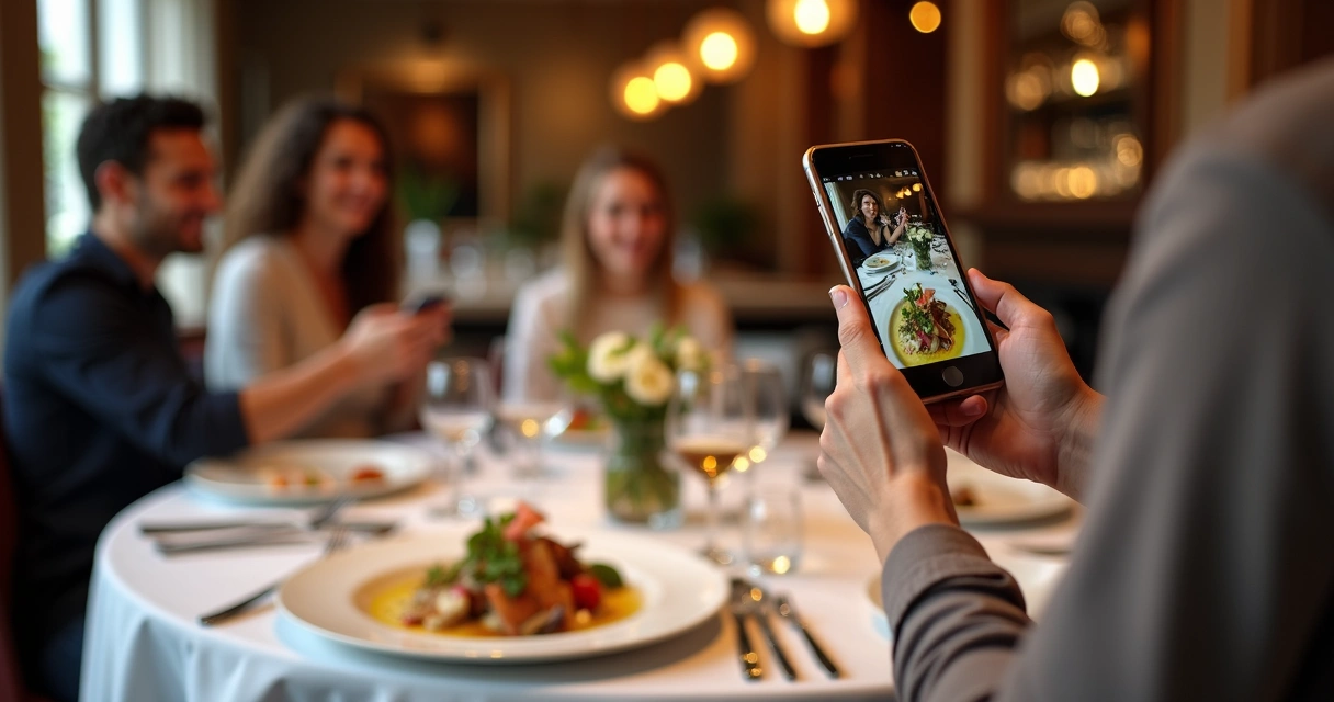 Pessoa fotografando prato de comida em evento culinário 