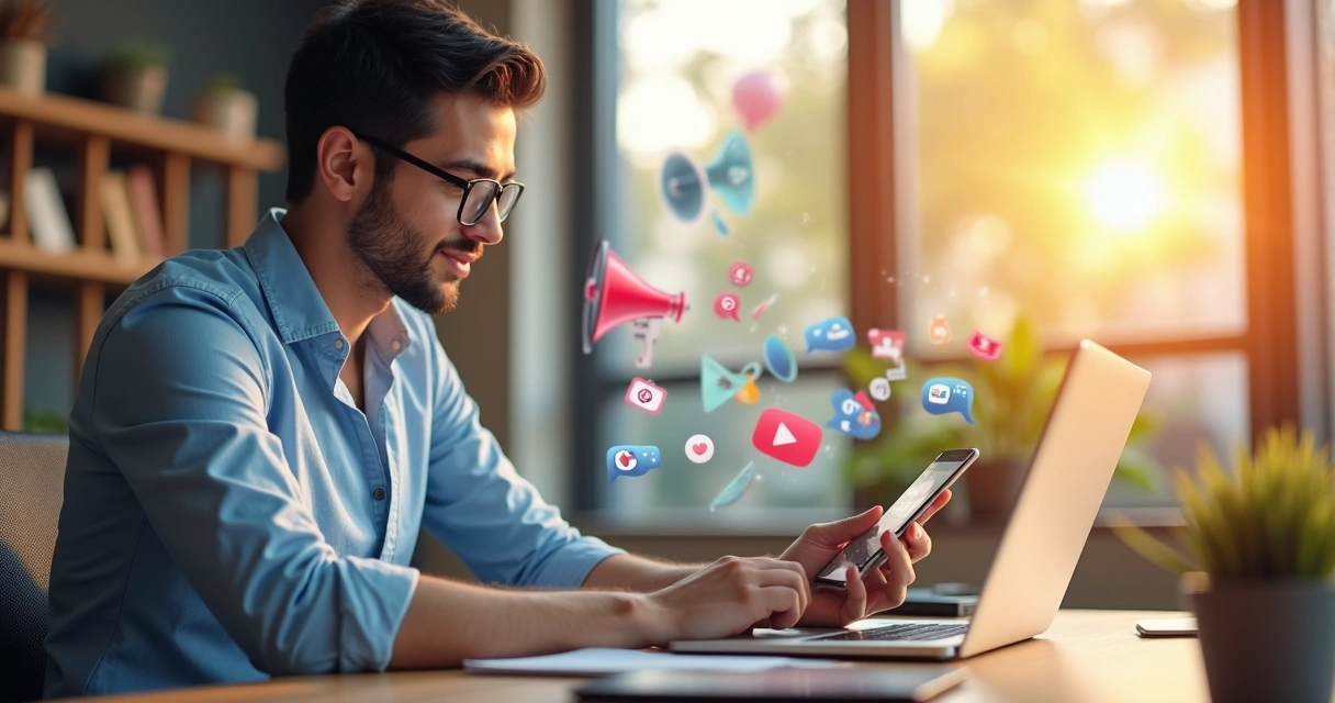 Pessoa divulgando curso online em redes sociais e laptop ao fundo