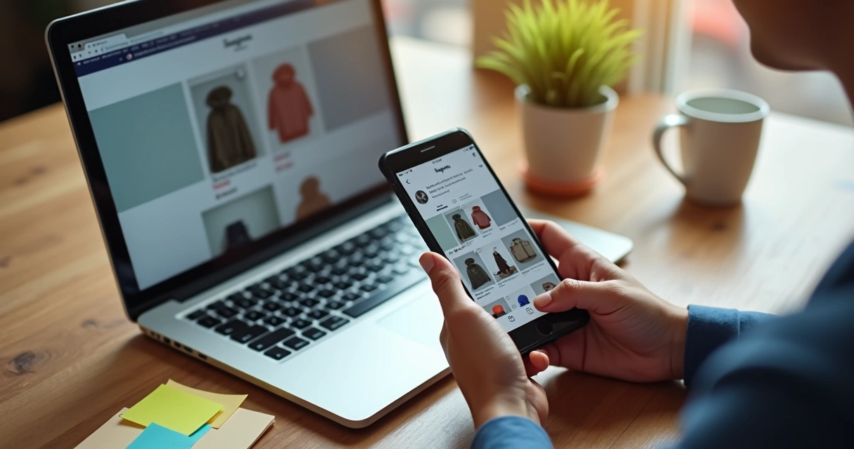 Celular e notebook exibindo loja virtual nas redes sociais