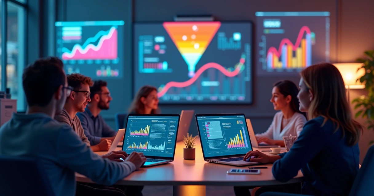 Equipe em ambiente virtual discutindo estratégias digitais em vários dispositivos com gráficos de crescimento 