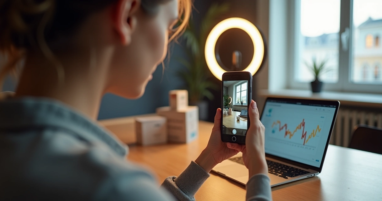 Influenciador grava vídeo com celular mostrando produto ecommerce. 