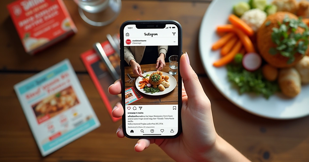 Divulgação de kits especiais de restaurante em redes sociais com smartphone em destaque 